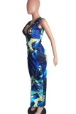 Blue Sexy Print Patchwork Slit Fold V Neck One Step Skirt Dresses