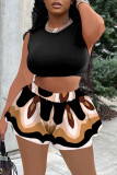 Black Sexy Casual Print Basic O Neck Sleeveless Two Pieces
