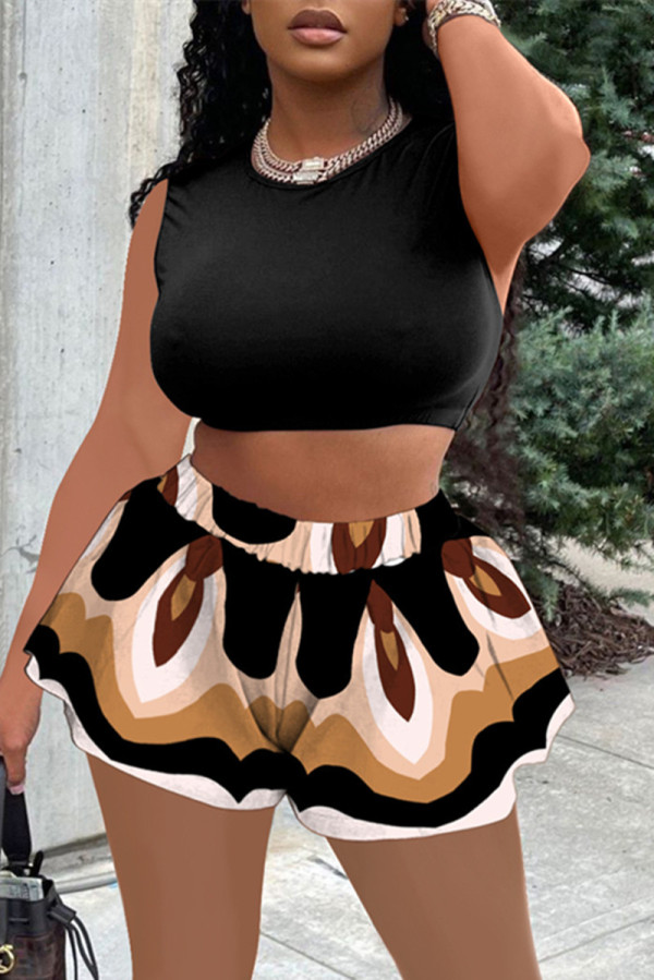 Black Sexy Casual Print Basic O Neck Sleeveless Two Pieces