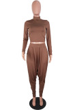 Coffee Fashion Casual Solid Basic O Neck Long Sleeve Two Pieces