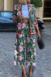 Green Fashion Casual Print Patchwork Buckle Turn-back Collar Long Sleeve Two Pieces