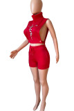 Red Sexy Solid Embroidered Hollowed Out Patchwork Turtleneck Sleeveless Two Pieces