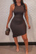 Brown Casual Solid Asymmetrical O Neck Vest Dress