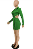 Green Fashion Casual Solid Hollowed Out Backless V Neck Long Sleeve Dresses