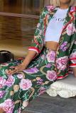 Green Fashion Casual Print Patchwork Buckle Turn-back Collar Long Sleeve Two Pieces