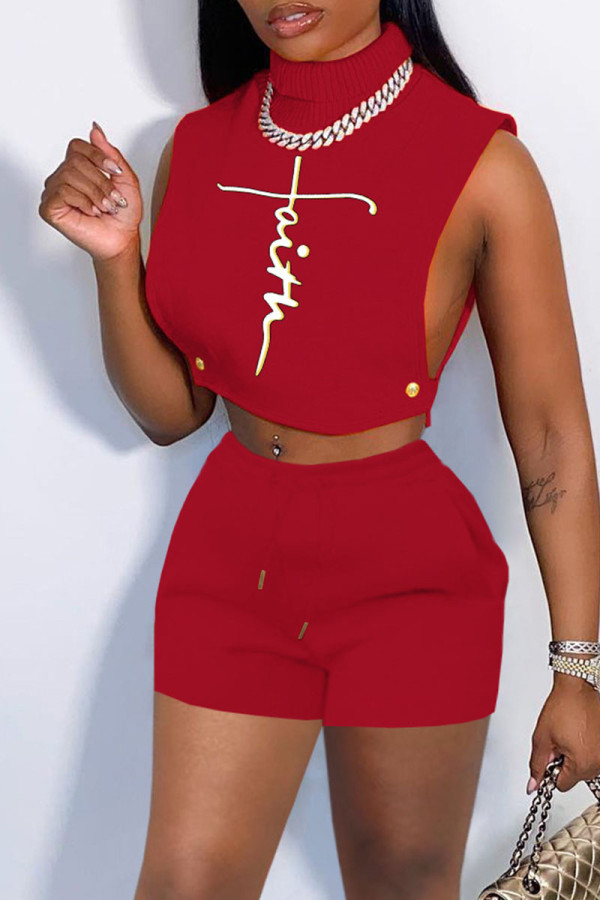 Red Sexy Solid Embroidered Hollowed Out Patchwork Turtleneck Sleeveless Two Pieces