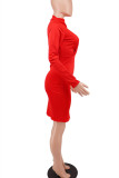 Red Fashion Sexy Solid Hollowed Out O Neck Long Sleeve Dresses