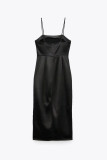 Black Fashion Sexy Solid Backless Slit Square Collar Sling Dress