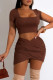 Coffee Sexy Solid Split Joint U Neck Short Sleeve Two Pieces