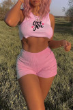 Pink Sexy Print Patchwork O Neck Sleeveless Two Pieces