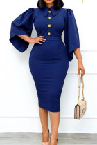 Deep Blue Fashion Casual Solid Split Joint Turndown Collar Pencil Skirt Dresses