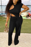 Black Sexy Solid Hollowed Out Patchwork Asymmetrical O Neck Short Sleeve Two Pieces