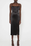 Black Fashion Sexy Solid Backless Slit Square Collar Sling Dress