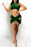Green Sexy Solid Patchwork See-through Backless Sleeveless Two Pieces