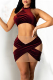 Green Sexy Solid Patchwork See-through Backless Sleeveless Two Pieces