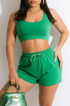 Green Casual Sportswear Solid Basic U Neck Sleeveless Two Pieces