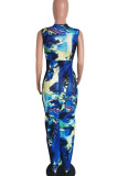Blue Sexy Print Patchwork Slit Fold V Neck One Step Skirt Dresses