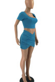 Baby Blue Sexy Solid Split Joint U Neck Short Sleeve Two Pieces