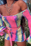 Colour Sexy Print Patchwork Off the Shoulder Dresses
