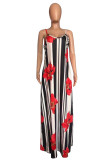 Red Fashion Sexy Print Backless Spaghetti Strap Long Dress