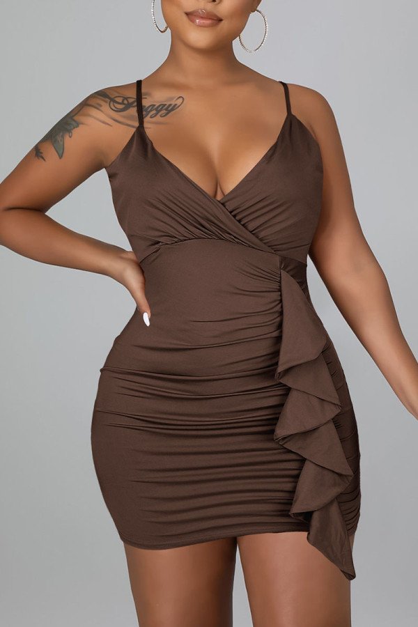 Coffee Sexy Solid Patchwork Flounce Spaghetti Strap Sling Dress Dresses