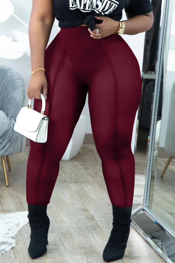 Burgundy Fashion Sexy Solid See-through Skinny High Waist Pencil Trousers