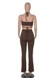 Coffee Sexy Solid Patchwork Frenulum Sleeveless Two Pieces