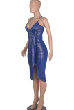 Coffee Sexy Solid Patchwork Fold Asymmetrical Spaghetti Strap Sling Dress Dresses