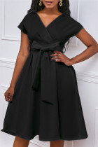 Black Fashion Casual Solid With Bow V Neck A Line Dresses
