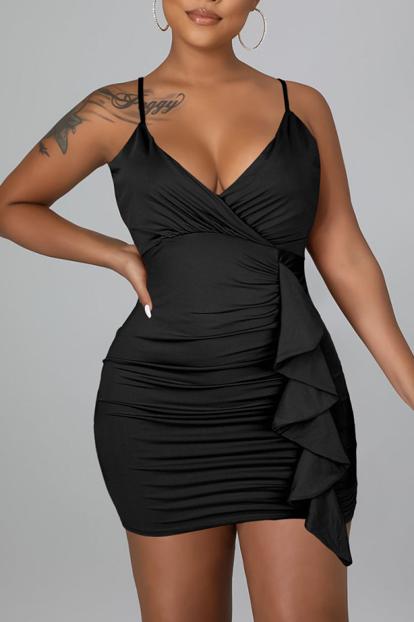 Black Sexy Solid Patchwork Flounce Spaghetti Strap Sling Dress Dresses