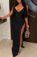 Black Sexy Solid Patchwork Slit Spaghetti Strap Sling Dress Dresses