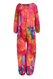 Rose Red Fashion Casual Tie Dye Printing Off the Shoulder Regular Jumpsuits