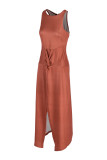 Orange Casual Tank Sleeveless O Neck Asymmetrical Mid Calf Solid Dresses