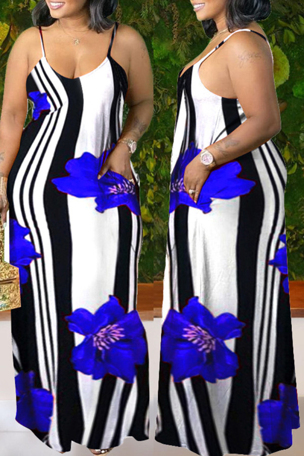 Blue Fashion Sexy Print Backless Spaghetti Strap Long Dress