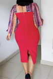 Red Fashion Casual Print Patchwork Slit O Neck Long Sleeve Dresses
