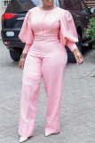 Pink Fashion Casual Solid Basic O Neck Regular Jumpsuits