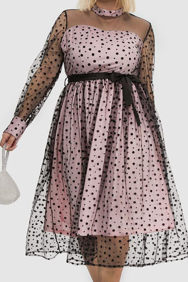 Pink Elegant Print Polka Dot Patchwork See-through O Neck A Line Dresses
