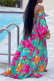 Blue Sexy Bohemian Vacation Floral High Opening V Neck Long Sleeve Two Pieces