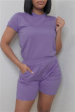Yellow Fashion Casual Solid Basic O Neck Short Sleeve Two Pieces