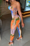 Multicolor Fashion Sexy Print Bandage Backless Strapless Skinny Jumpsuits