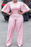 Pink Fashion Casual Solid Basic O Neck Regular Jumpsuits