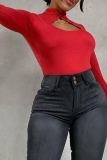 Red Sexy Solid Patchwork Mandarin Collar Skinny Jumpsuits