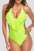 Fluorescent Green Fashion Sexy Solid Tassel Split Joint Backless Swimwears