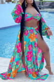 Blue Sexy Bohemian Vacation Floral High Opening V Neck Long Sleeve Two Pieces