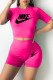 Rose Red Fashion Casual Print Letter O Neck Short Sleeve Two Pieces