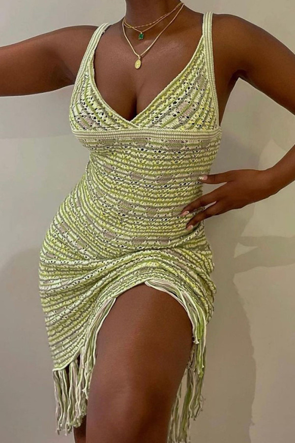 Yellow Sexy Tassel Hollowed Out Patchwork V Neck Sling Dress Dresses