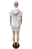 White Fashion Casual Letter Print Basic Hooded Collar Short Sleeve Dress Dresses
