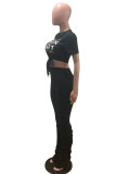 Blue Fashion Casual Letter Print Bandage Fold O Neck Short Sleeve Two Pieces