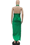 Green Elegant Solid Split Joint Backless Slit Halter Straight Dresses