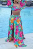 Blue Sexy Bohemian Vacation Floral High Opening V Neck Long Sleeve Two Pieces